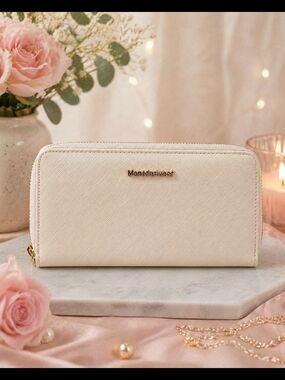 Montana West Cream Zip-Around Wallet with Gold Logo